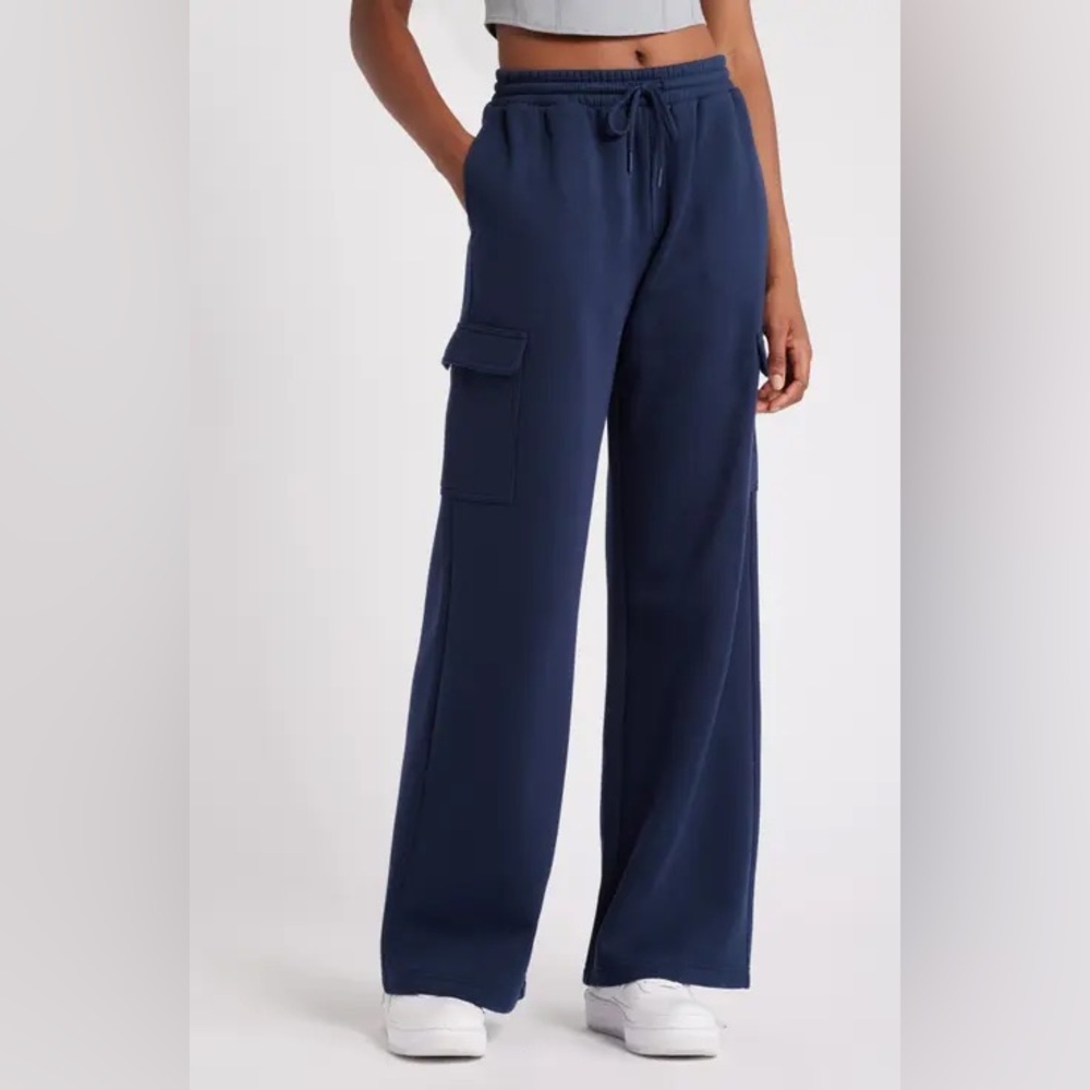Pink Rose Pants Ribbed Knit Wide Leg Cargo pants in navy, size S